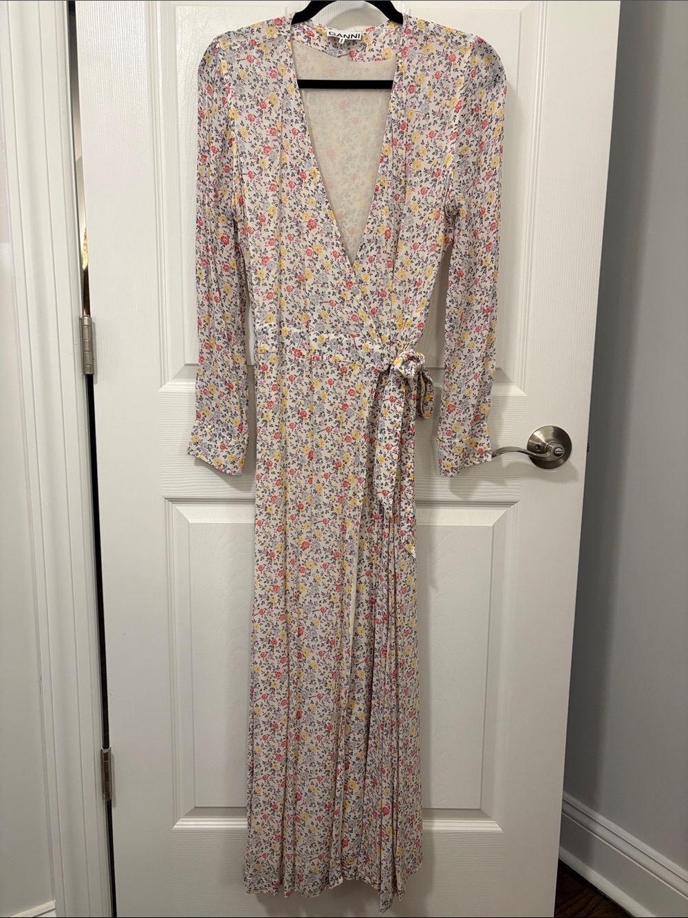 Ganni White Maxi Wrap Dress with Pink, Yellow & Blue Floral Print